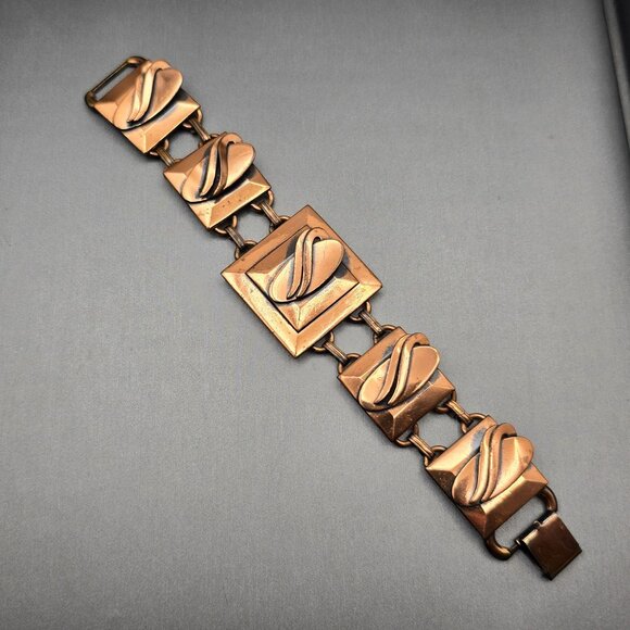 VTG Copper Square Panel 7" Bracelet & Clip On Earrings Set Oval Wave Design - Picture 6 of 7